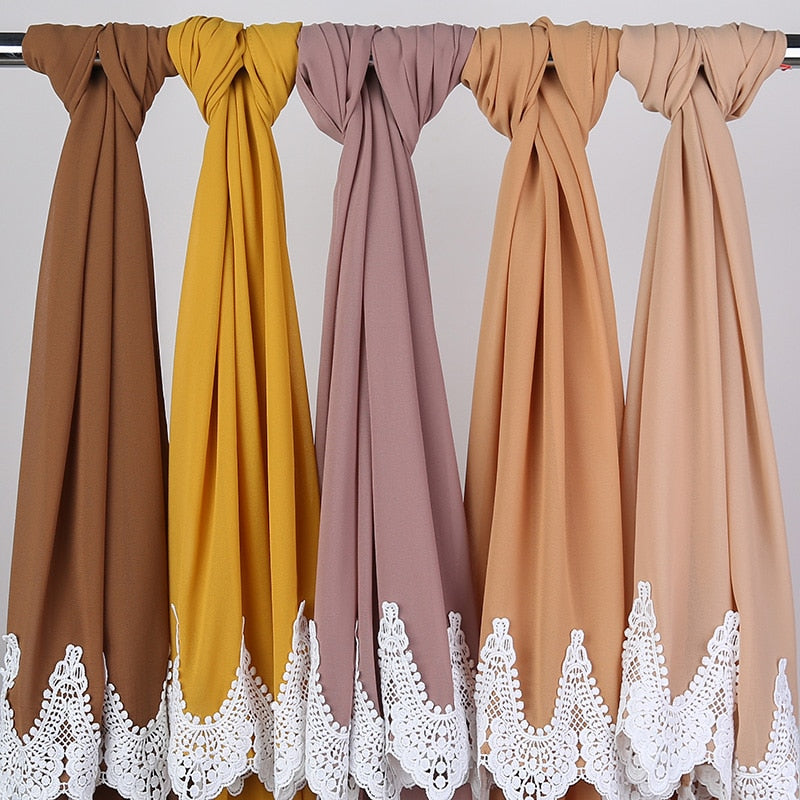 White Lace Chiffon Hijab - Hijaby Fashion