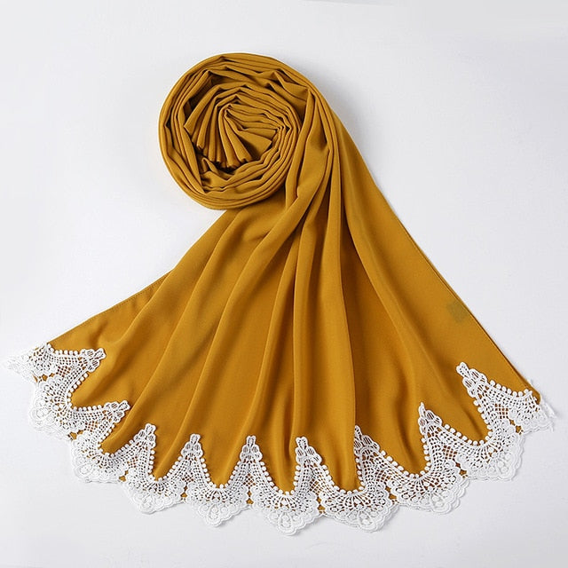 White Lace Chiffon Hijab - Hijaby Fashion
