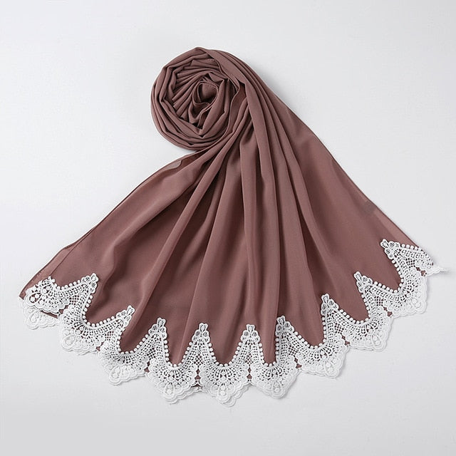 White Lace Chiffon Hijab - Hijaby Fashion