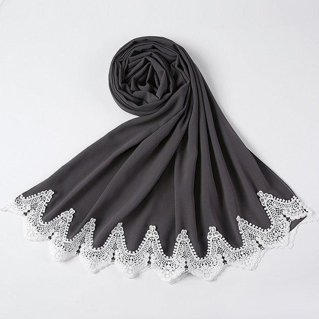 White Lace Chiffon Hijab - Hijaby Fashion