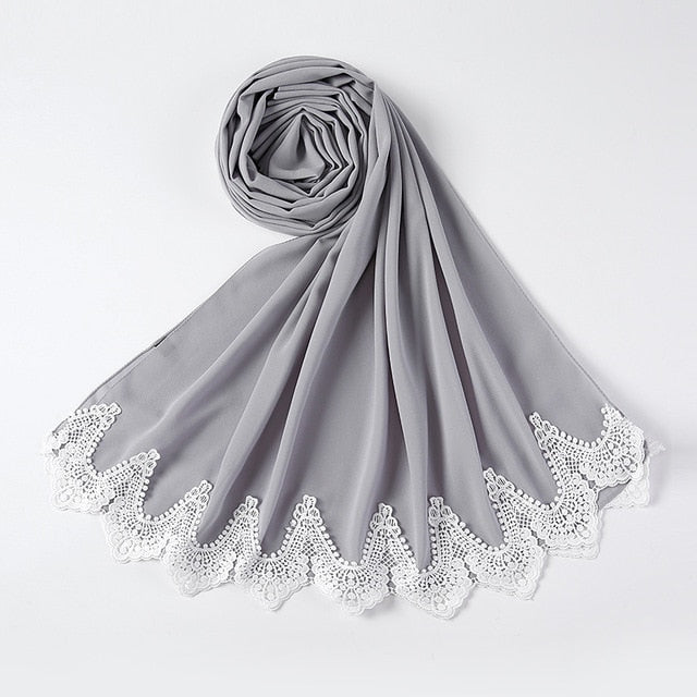 White Lace Chiffon Hijab - Hijaby Fashion