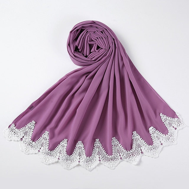 White Lace Chiffon Hijab - Hijaby Fashion